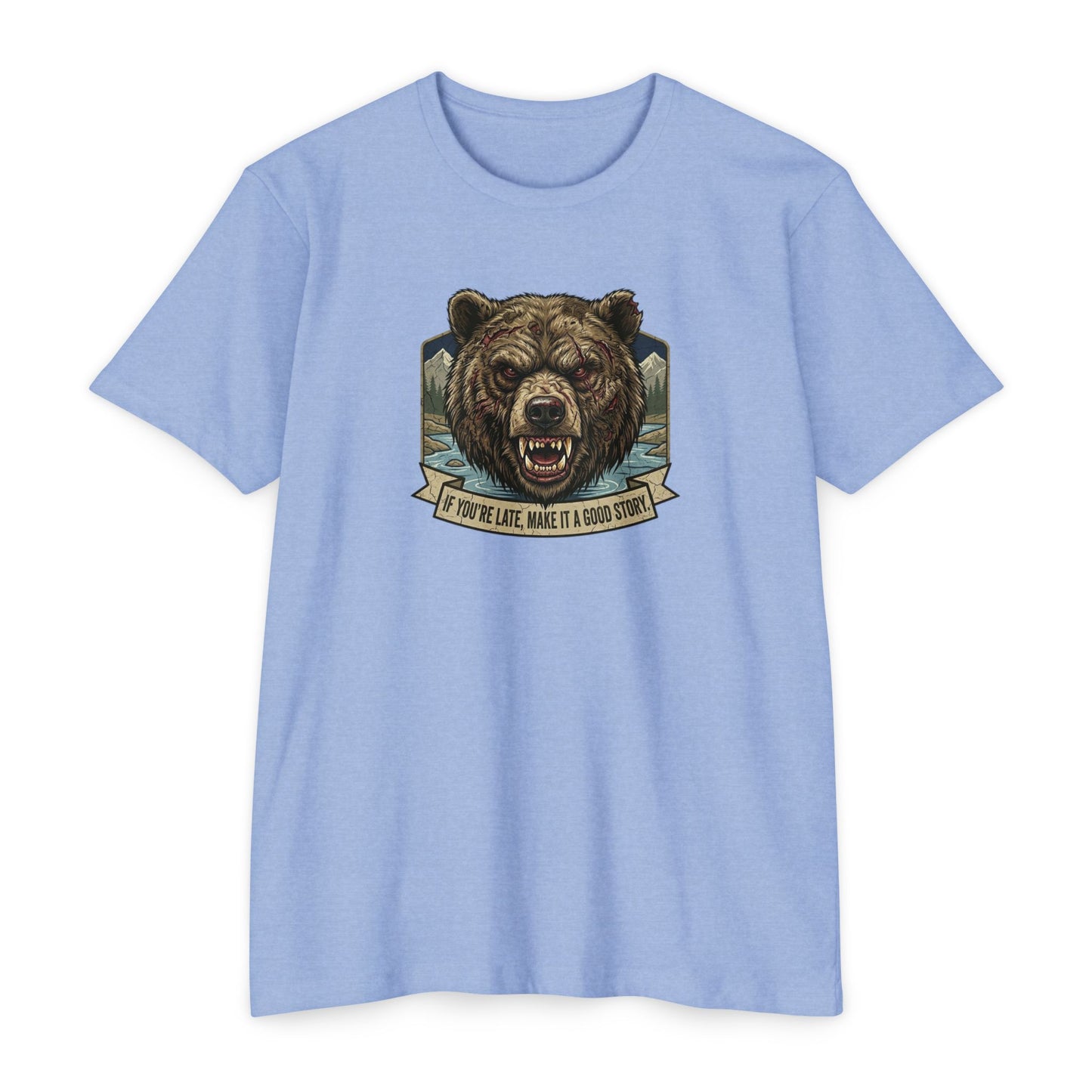If You're Late grizzly bear T-shirt in Heather Columbia Blue — Malibu Tactical
