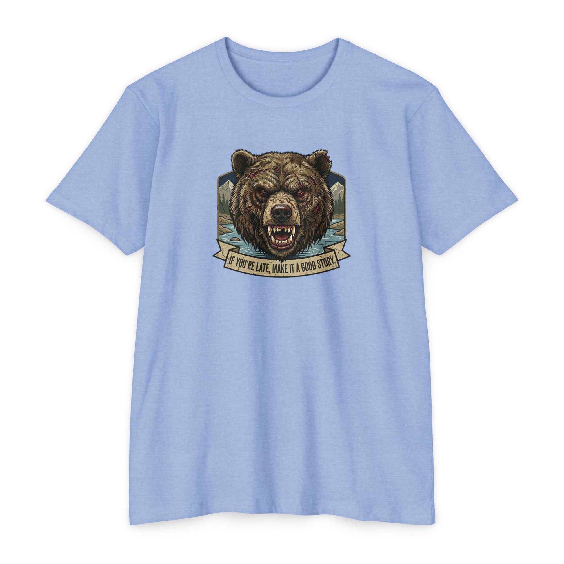 If You're Late grizzly bear T-shirt in Heather Columbia Blue — Malibu Tactical