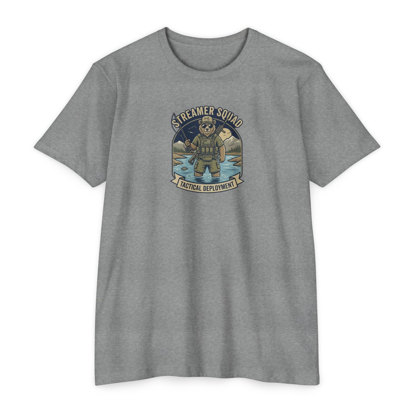 Streamer Squad fly fishing bear T-shirt in Dark Heather Grey — Malibu Tactical