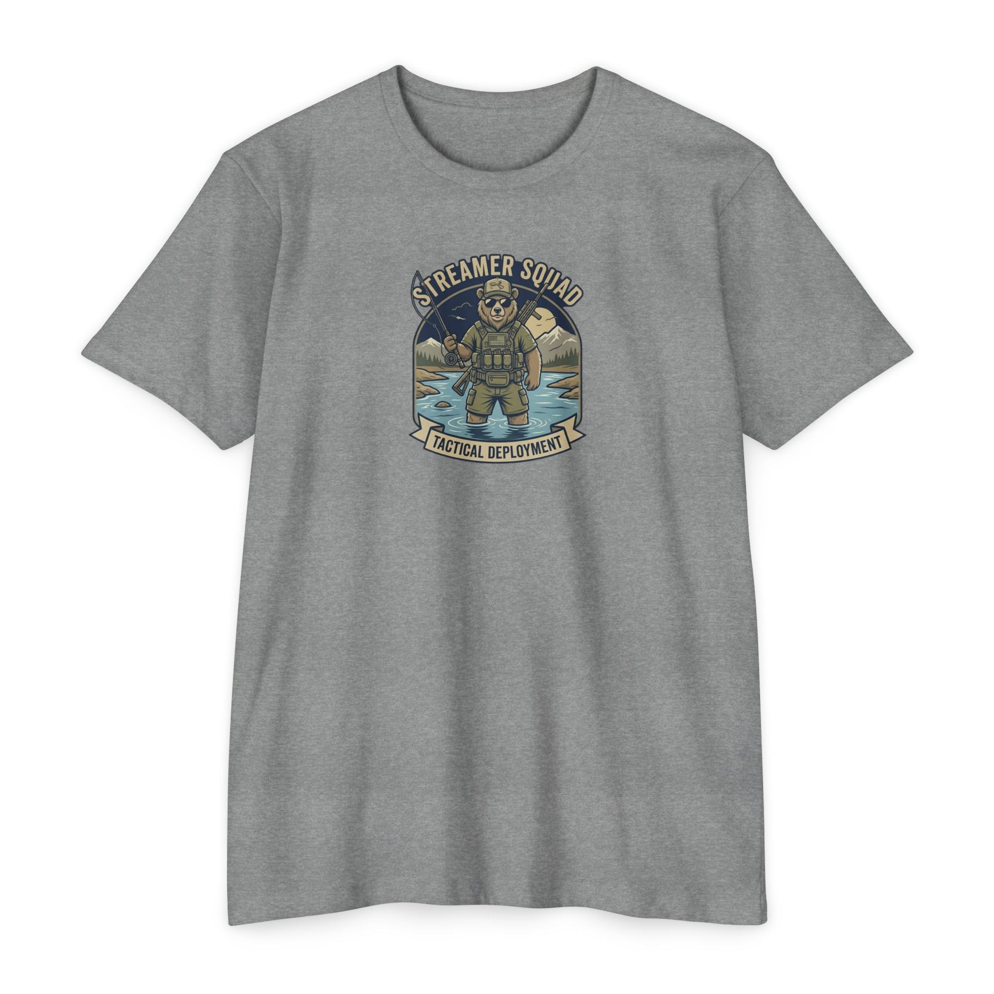 Streamer Squad fly fishing bear T-shirt in Dark Heather Grey — Malibu Tactical