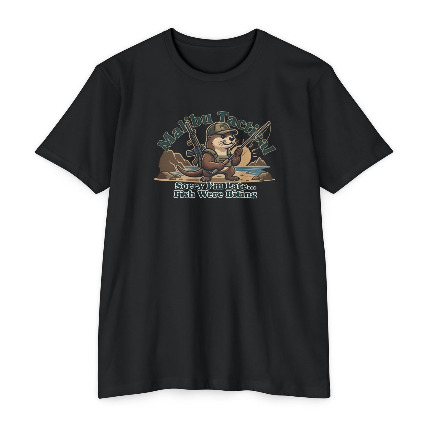 Sorry I'm Late fly fishing otter T-shirt in CVC Black — Malibu Tactical