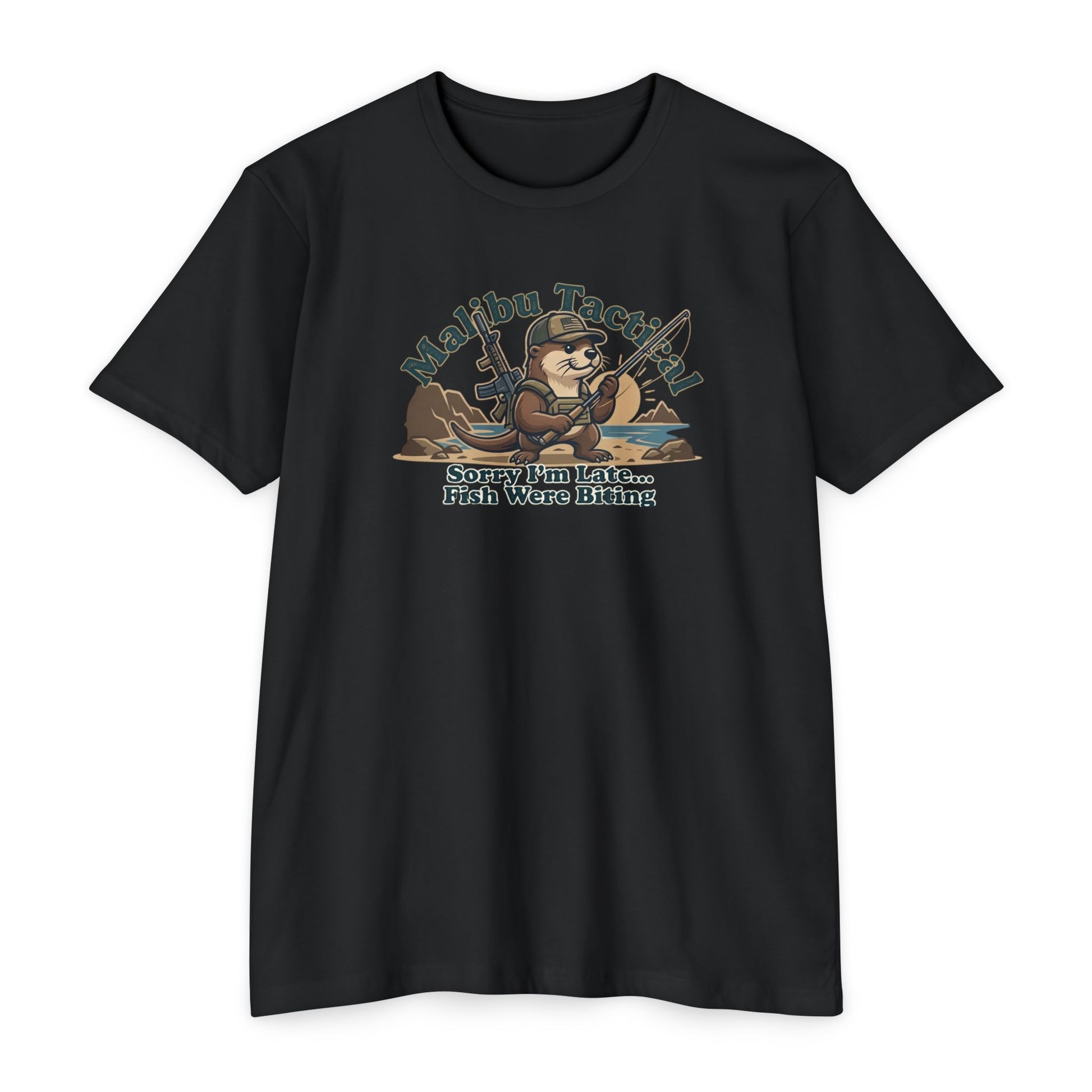 Sorry I'm Late fly fishing otter T-shirt in CVC Black — Malibu Tactical