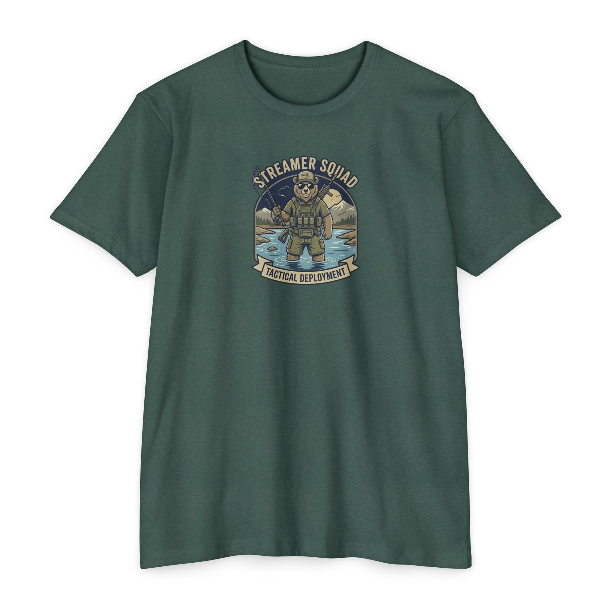 Streamer Squad fly fishing bear T-shirt in Heather Forest Green — Malibu Tactical