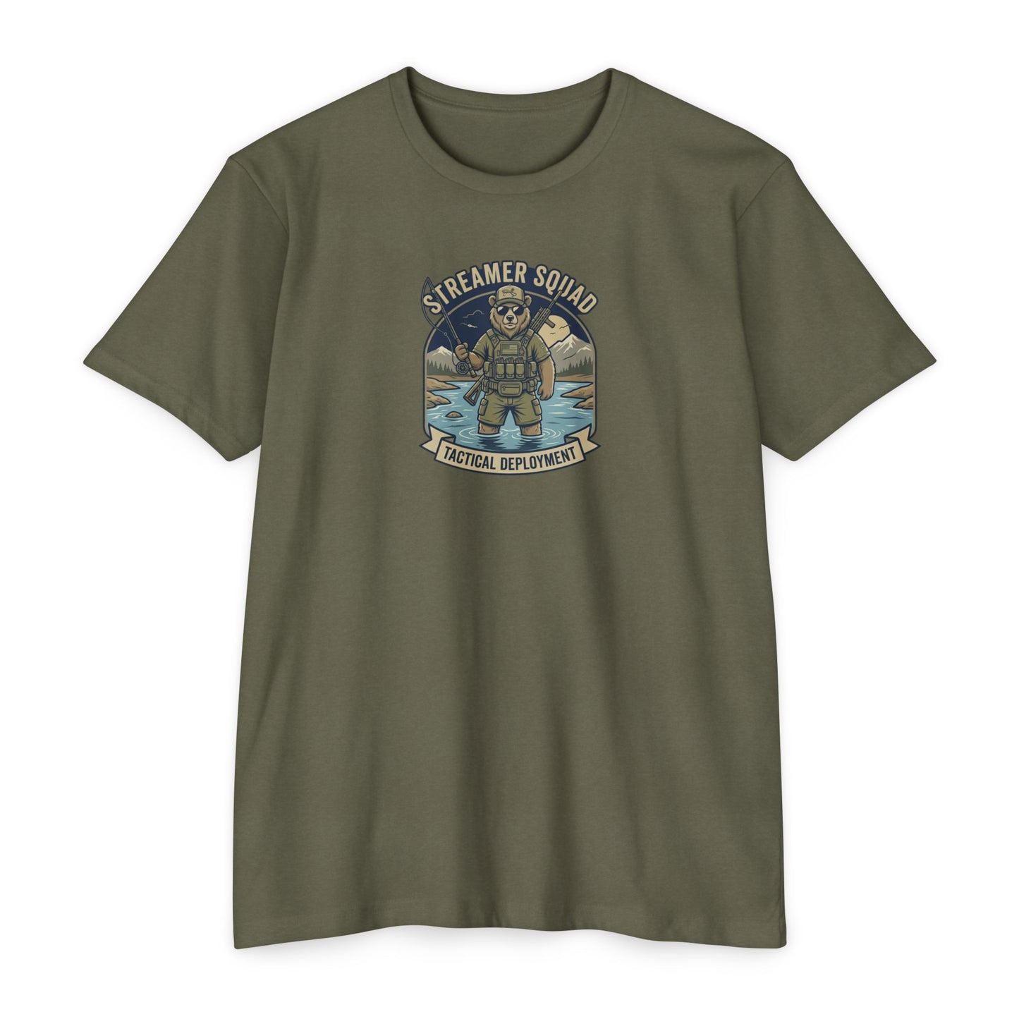 Streamer Squad fly fishing bear T-shirt in CVC Military Green — Malibu Tactical