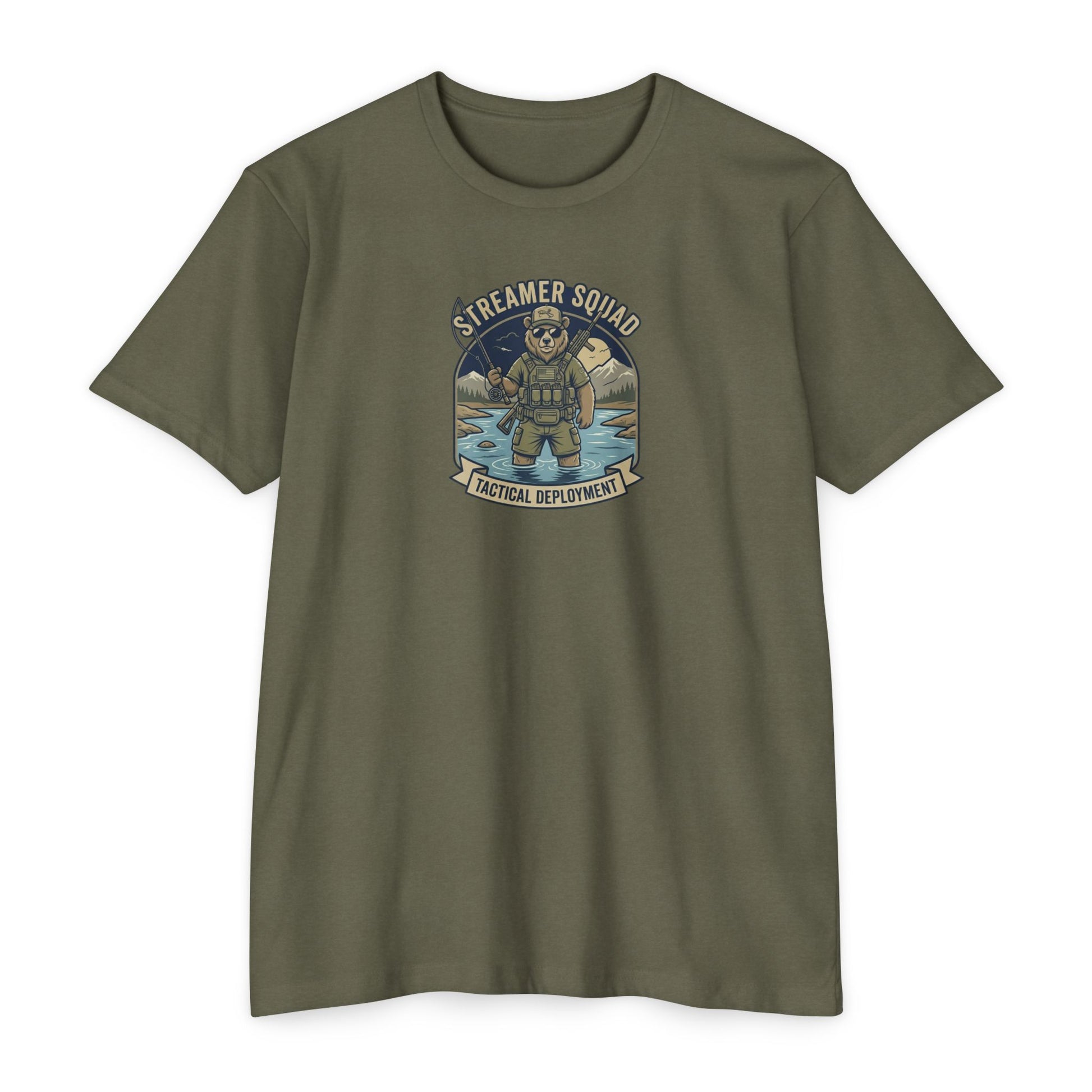 Streamer Squad fly fishing bear T-shirt in CVC Military Green — Malibu Tactical