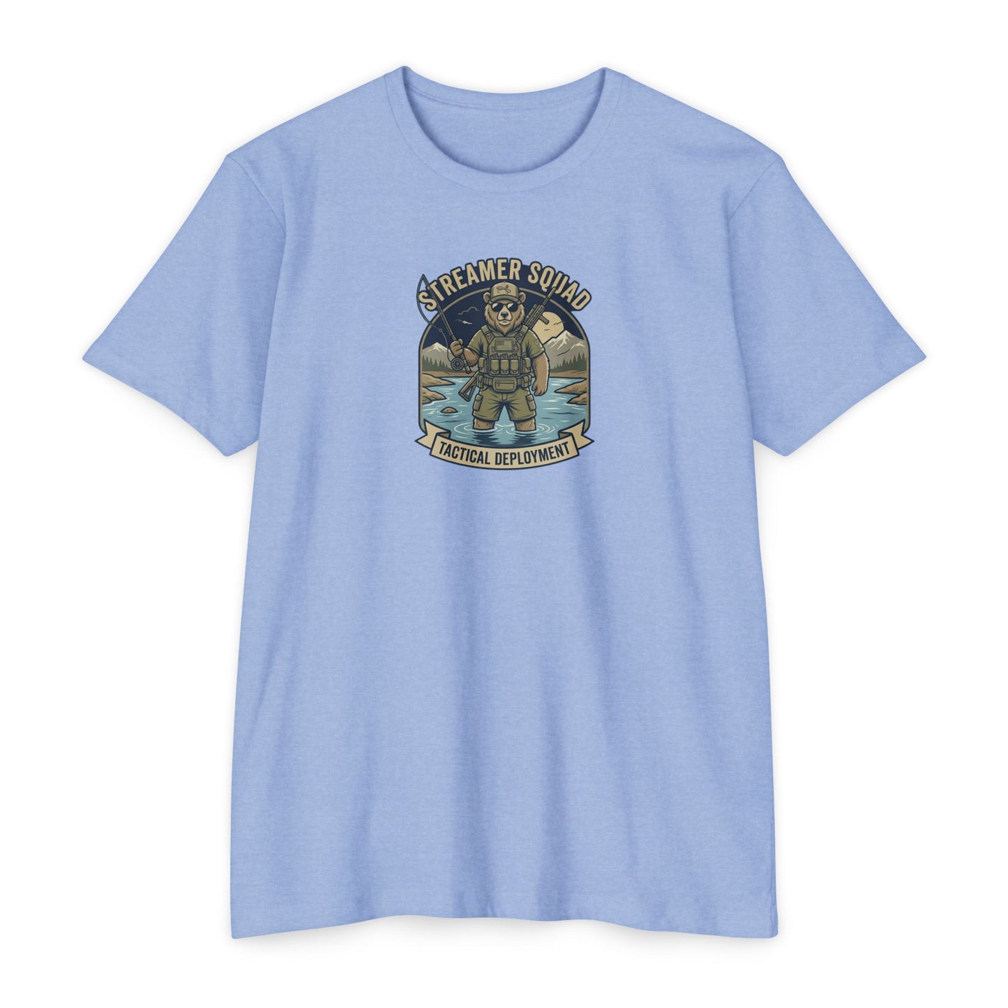 Streamer Squad fly fishing bear T-shirt in Heather Columbia Blue — Malibu Tactical