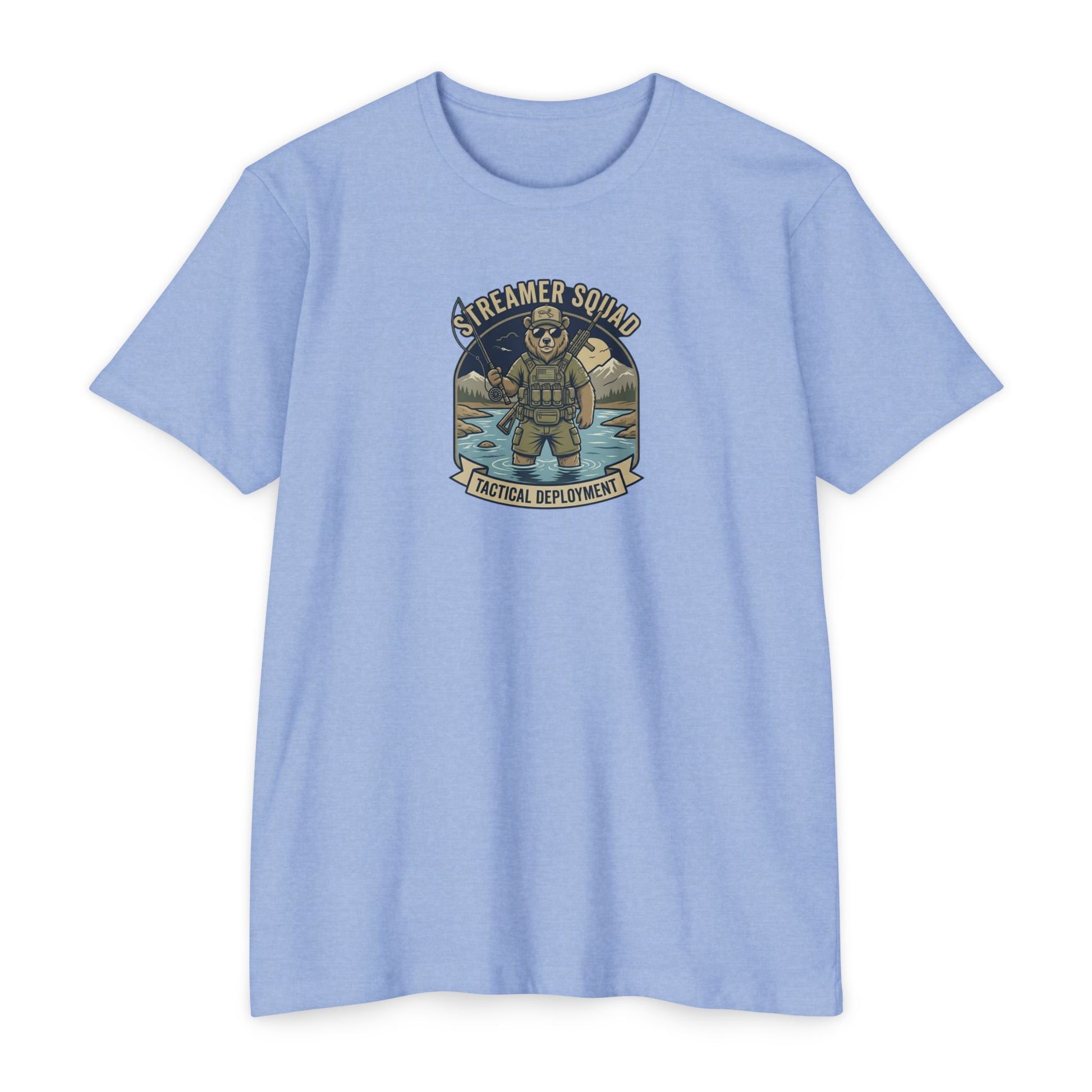 Streamer Squad fly fishing bear T-shirt in Heather Columbia Blue — Malibu Tactical