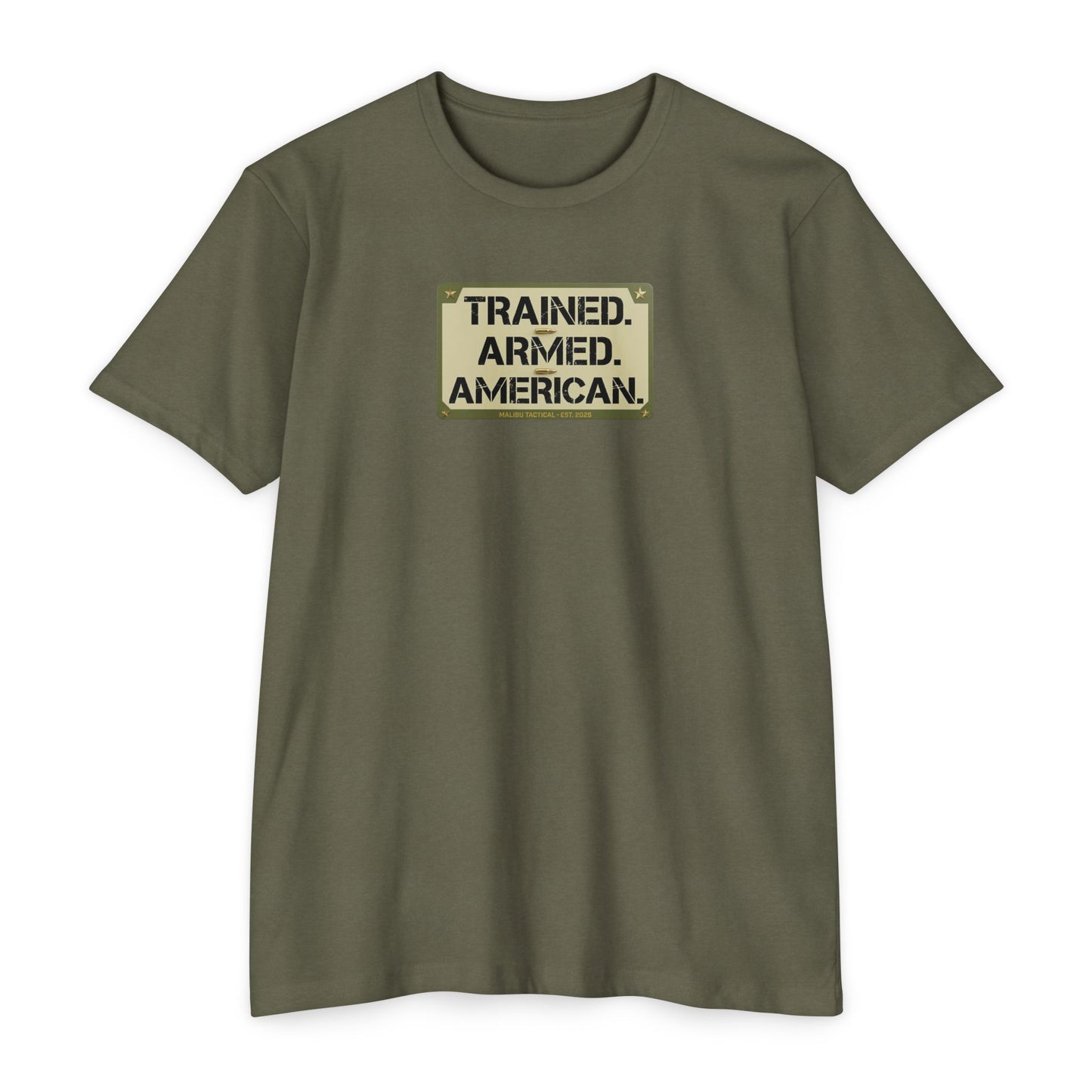 Trained. Armed. American. T-Shirt — Malibu Tactical