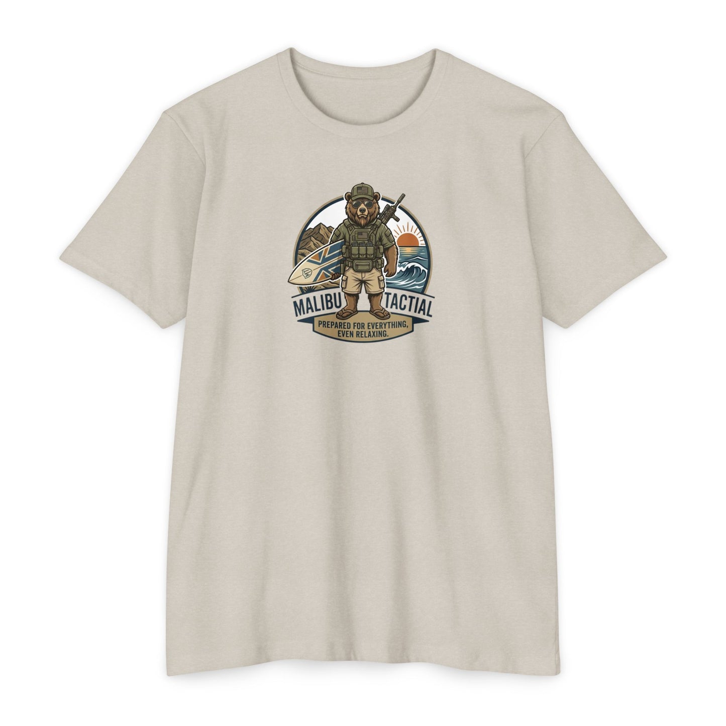 Prepared For Everything surfing bear T-shirt in CVC Sand — Malibu Tactical