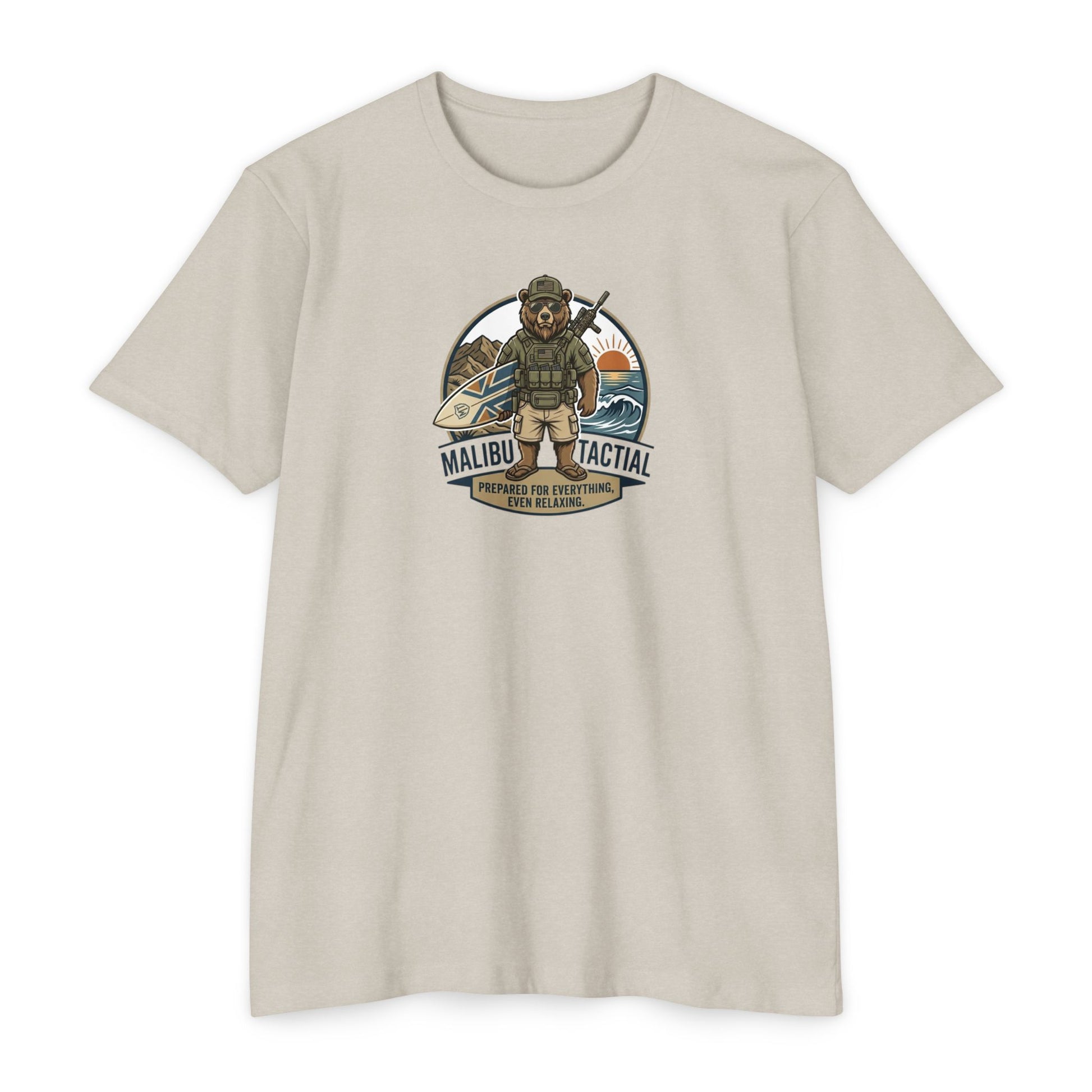 Prepared For Everything surfing bear T-shirt in CVC Sand — Malibu Tactical