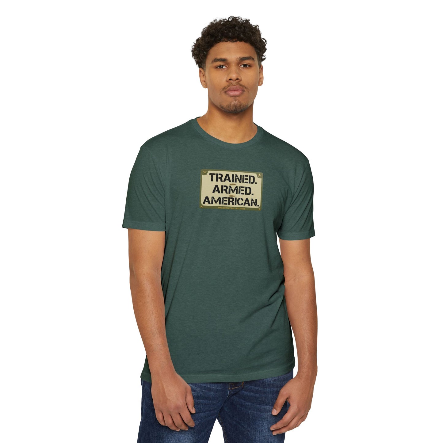 Trained. Armed. American. T-Shirt — Malibu Tactical