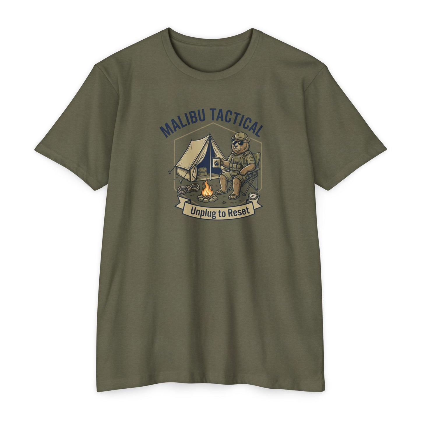 Unplug To Reset camping bear T-shirt in CVC Military Green — Malibu Tactical