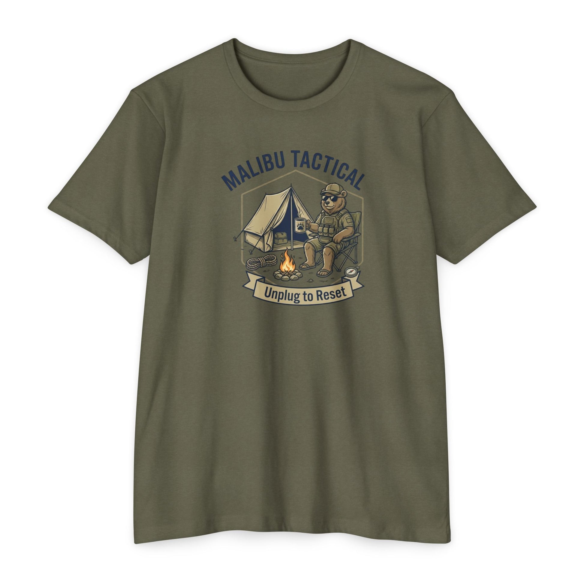 Unplug To Reset camping bear T-shirt in CVC Military Green — Malibu Tactical