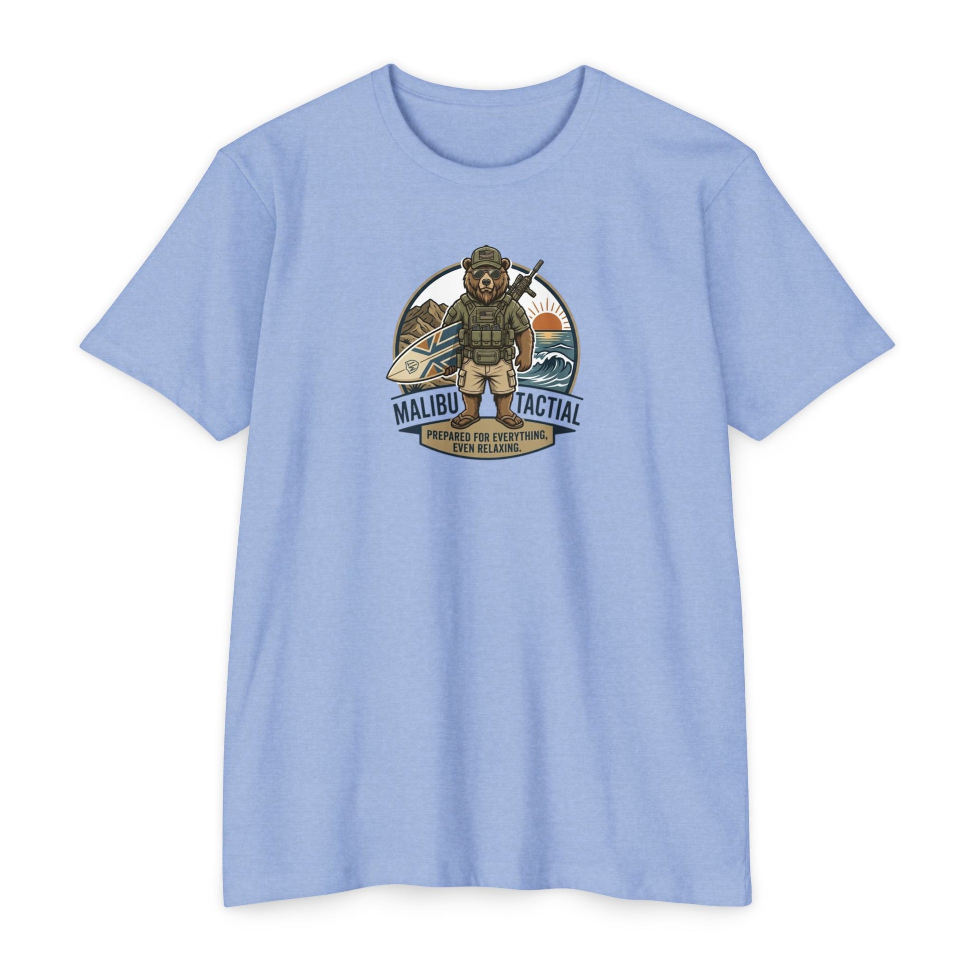 Prepared For Everything surfing bear T-shirt in Heather Columbia Blue — Malibu Tactical