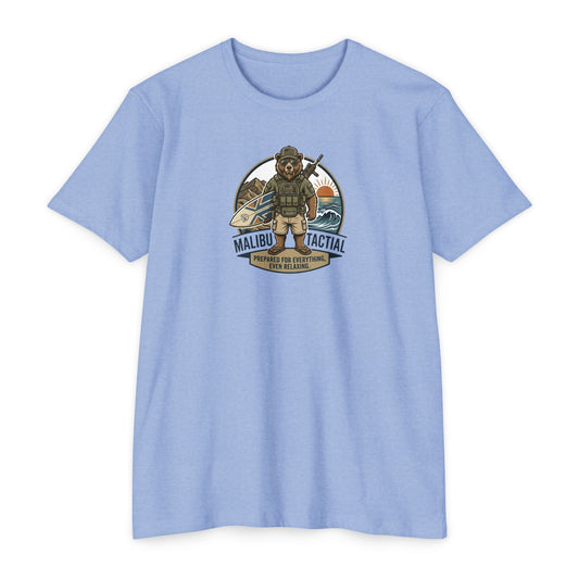 Prepared For Everything surfing bear T-shirt in Heather Columbia Blue — Malibu Tactical