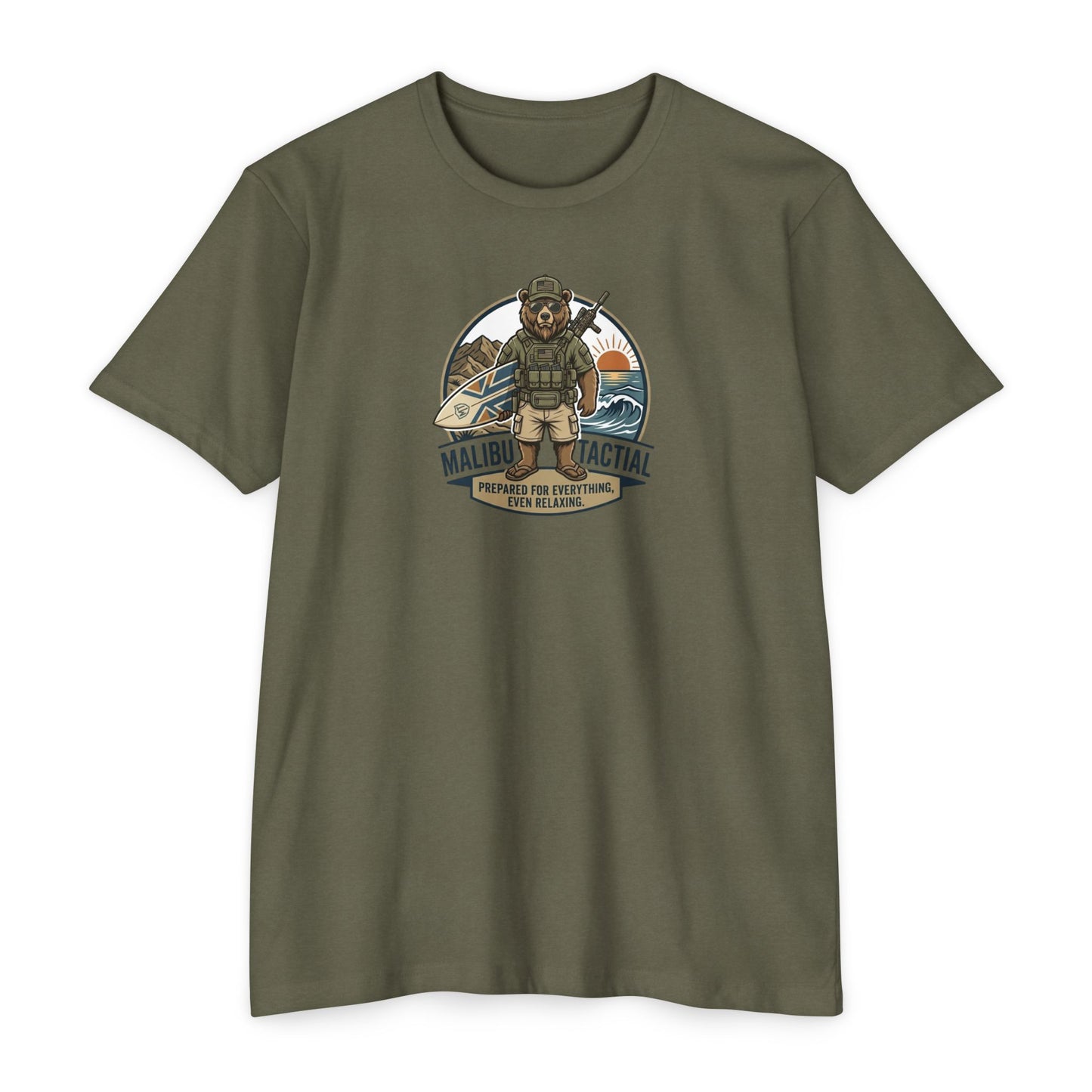 Prepared For Everything surfing bear T-shirt in CVC Military Green — Malibu Tactical