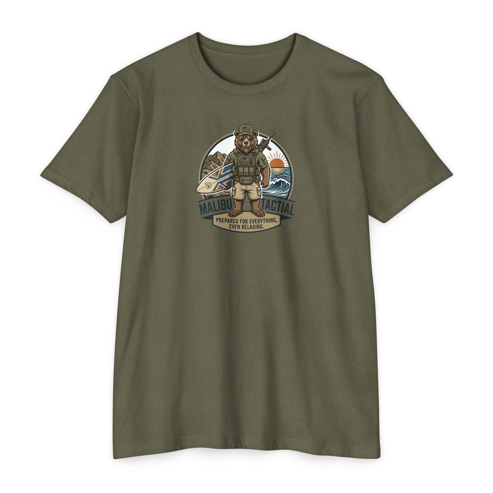Prepared For Everything surfing bear T-shirt in CVC Military Green — Malibu Tactical