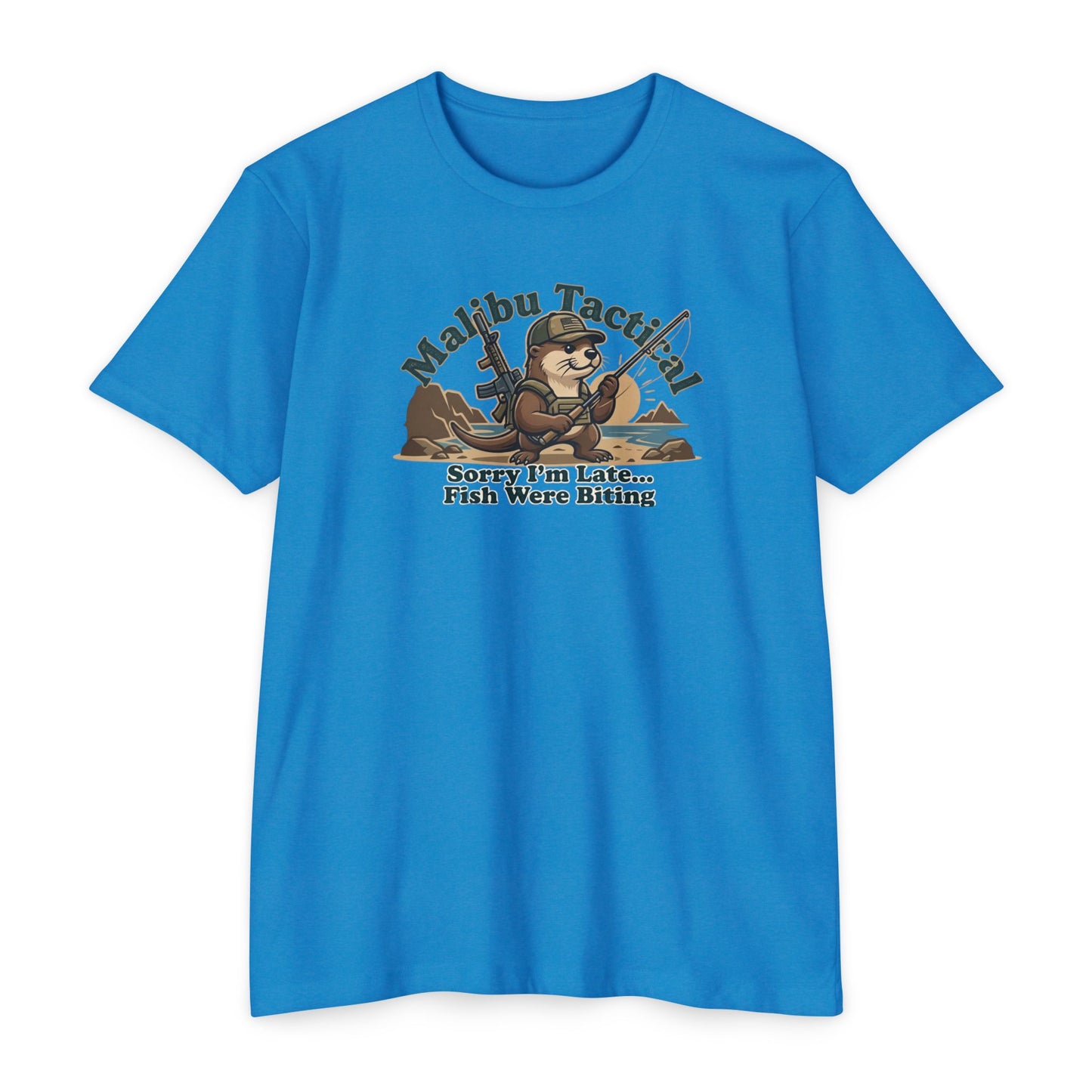 Sorry I'm Late fly fishing otter T-shirt in CVC Turquoise — Malibu Tactical