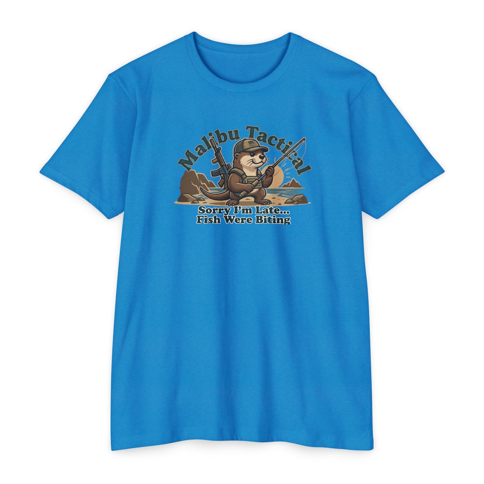 Sorry I'm Late fly fishing otter T-shirt in CVC Turquoise — Malibu Tactical
