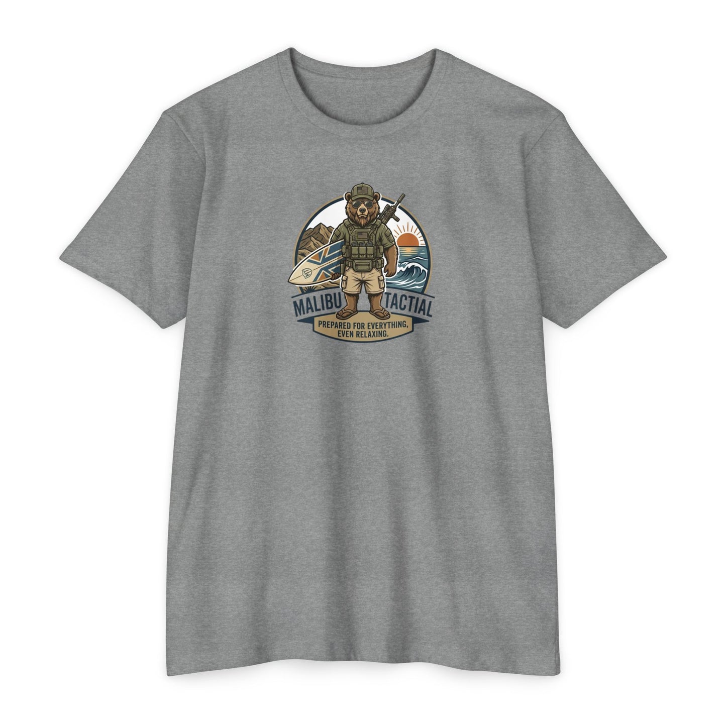 Prepared For Everything surfing bear T-shirt in Dark Heather Grey — Malibu Tactical