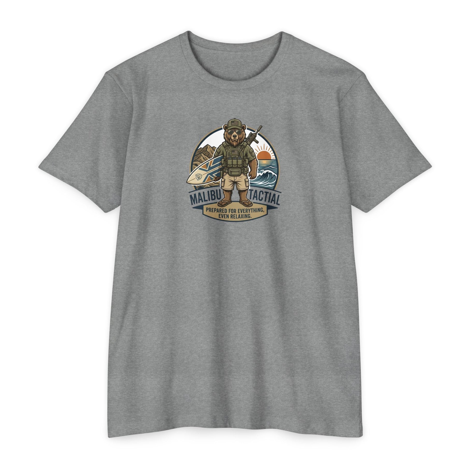Prepared For Everything surfing bear T-shirt in Dark Heather Grey — Malibu Tactical