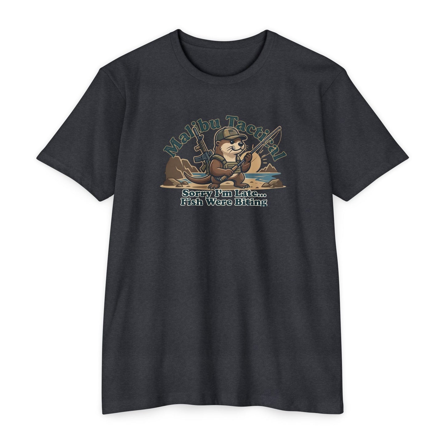 Sorry I'm Late fly fishing otter T-shirt in CVC Charcoal — Malibu Tactical