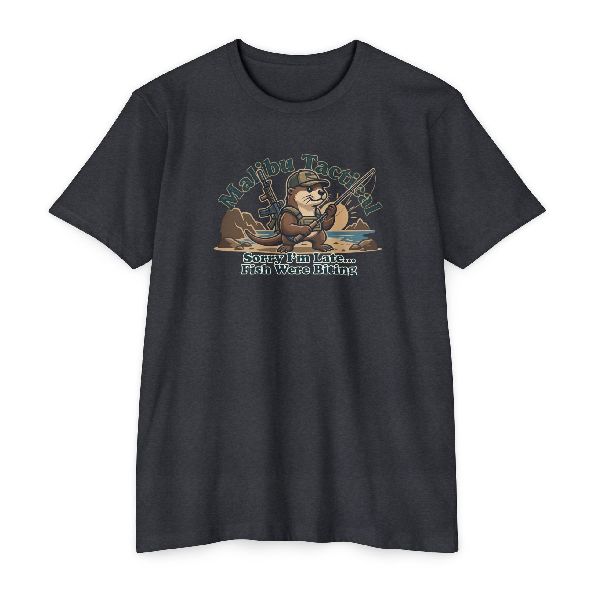 Sorry I'm Late fly fishing otter T-shirt in CVC Charcoal — Malibu Tactical