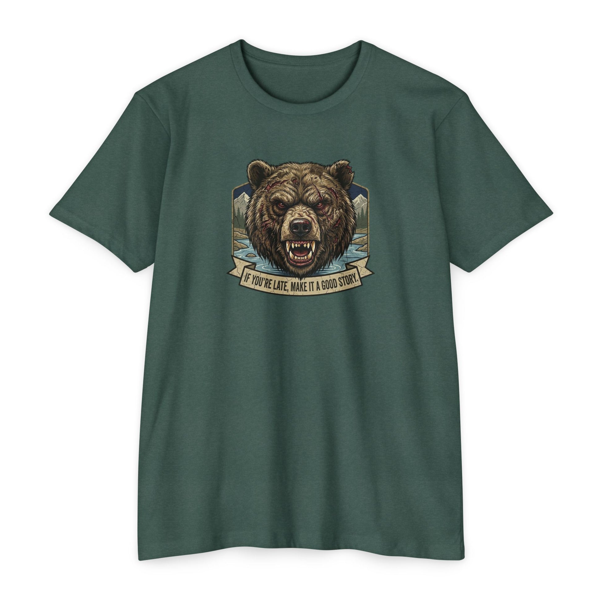 If You're Late grizzly bear T-shirt in Heather Forest Green — Malibu Tactical