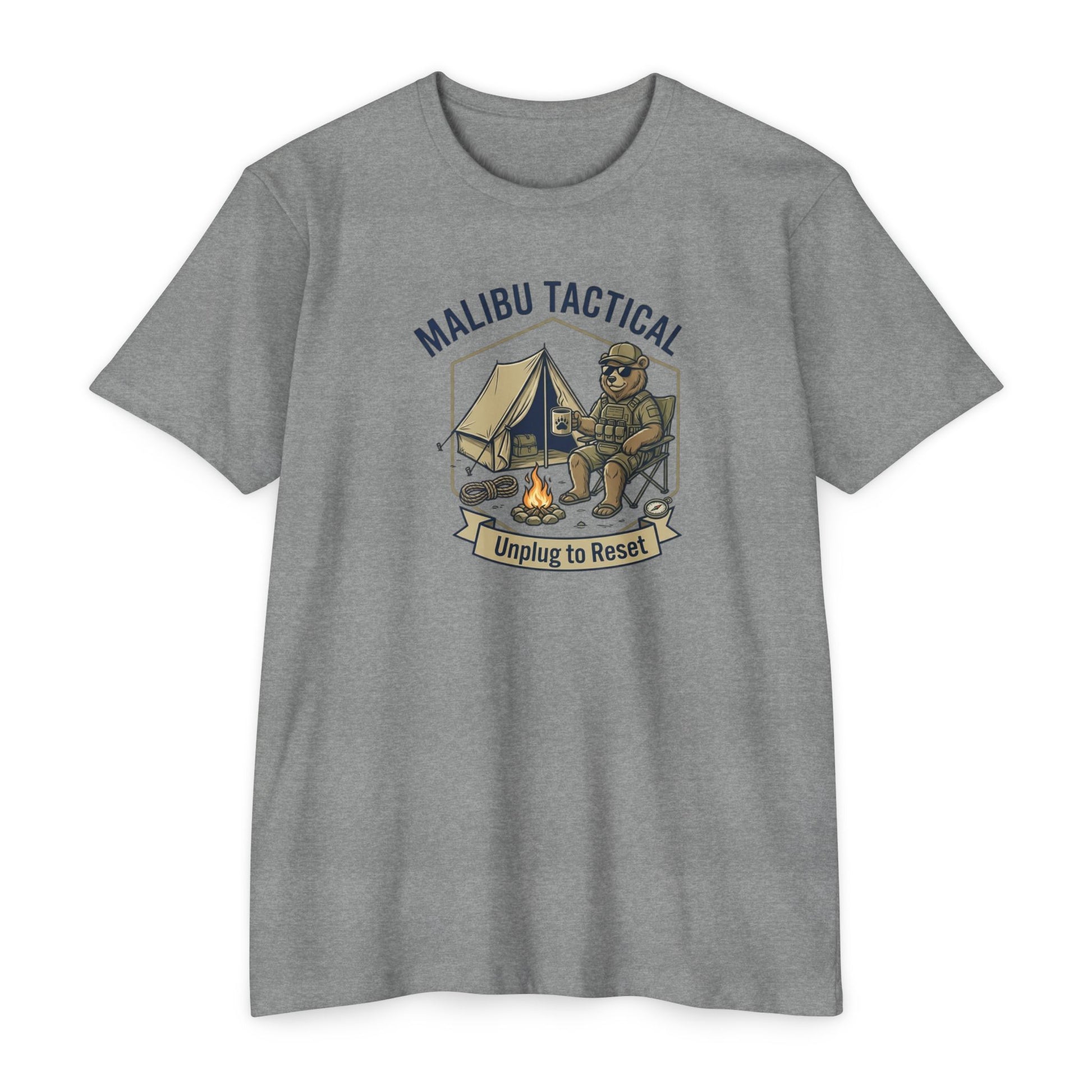 Unplug To Reset camping bear T-shirt in Dark Heather Grey — Malibu Tactical