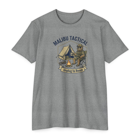 Unplug To Reset camping bear T-shirt in Dark Heather Grey — Malibu Tactical