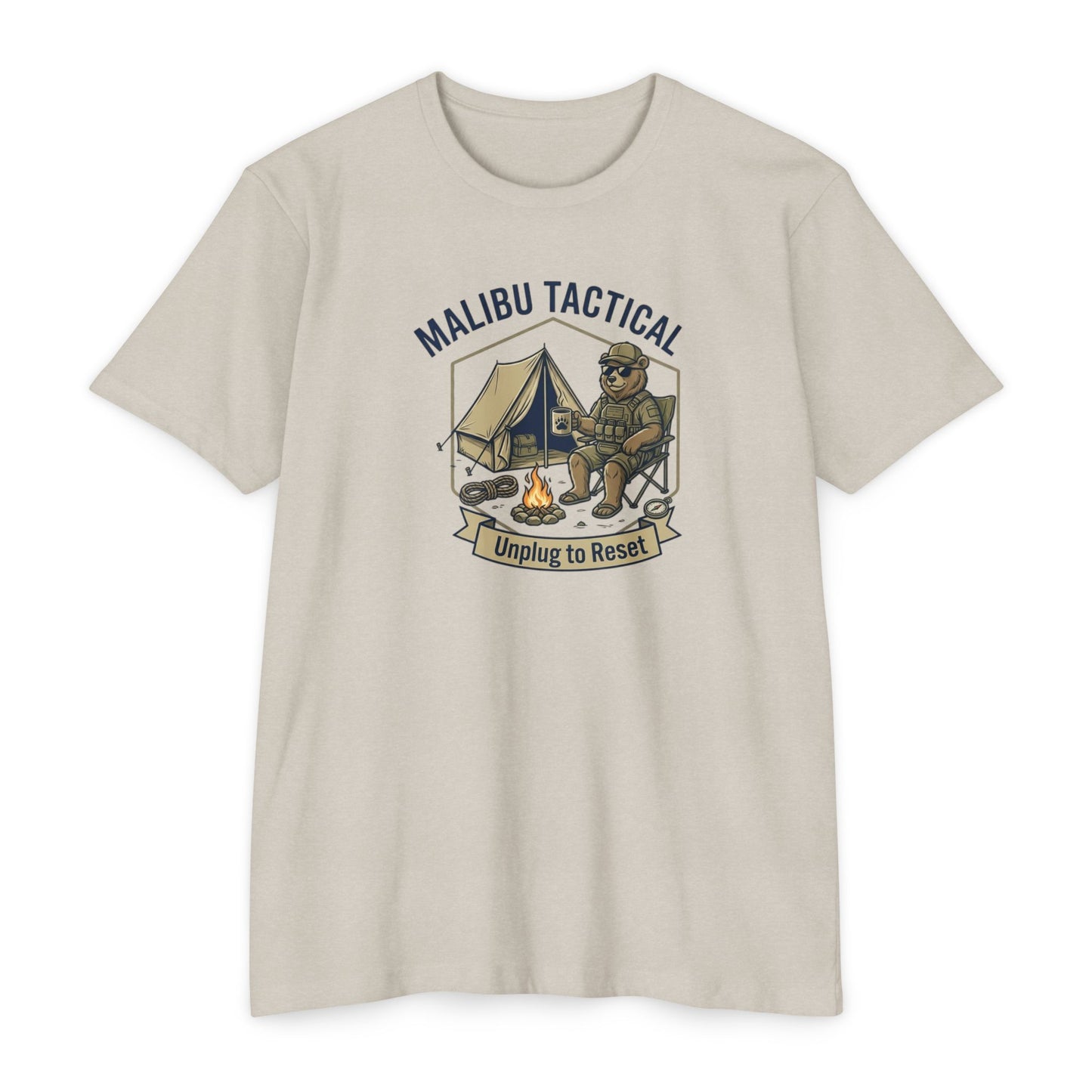 Unplug To Reset camping bear T-shirt in CVC Sand — Malibu Tactical