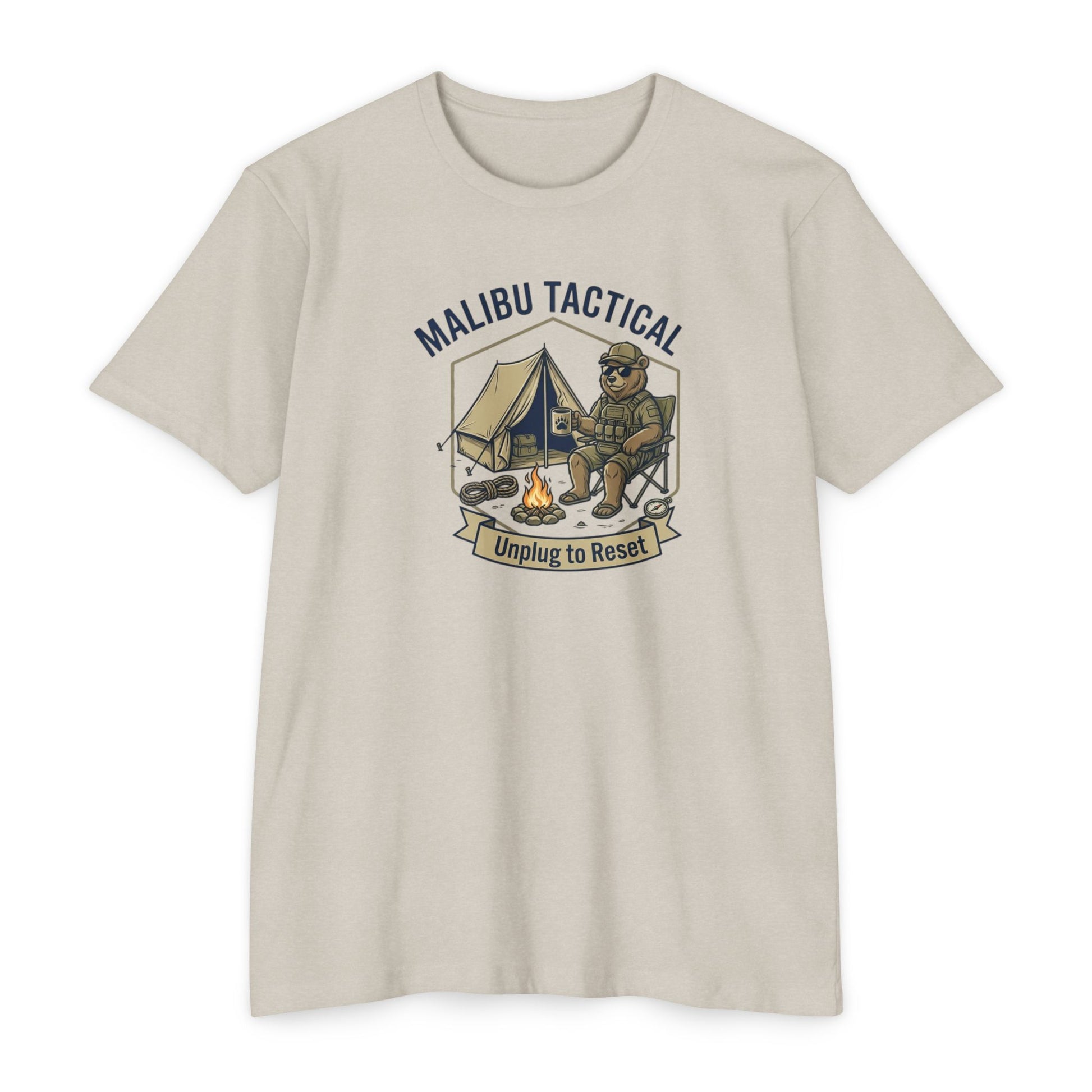 Unplug To Reset camping bear T-shirt in CVC Sand — Malibu Tactical