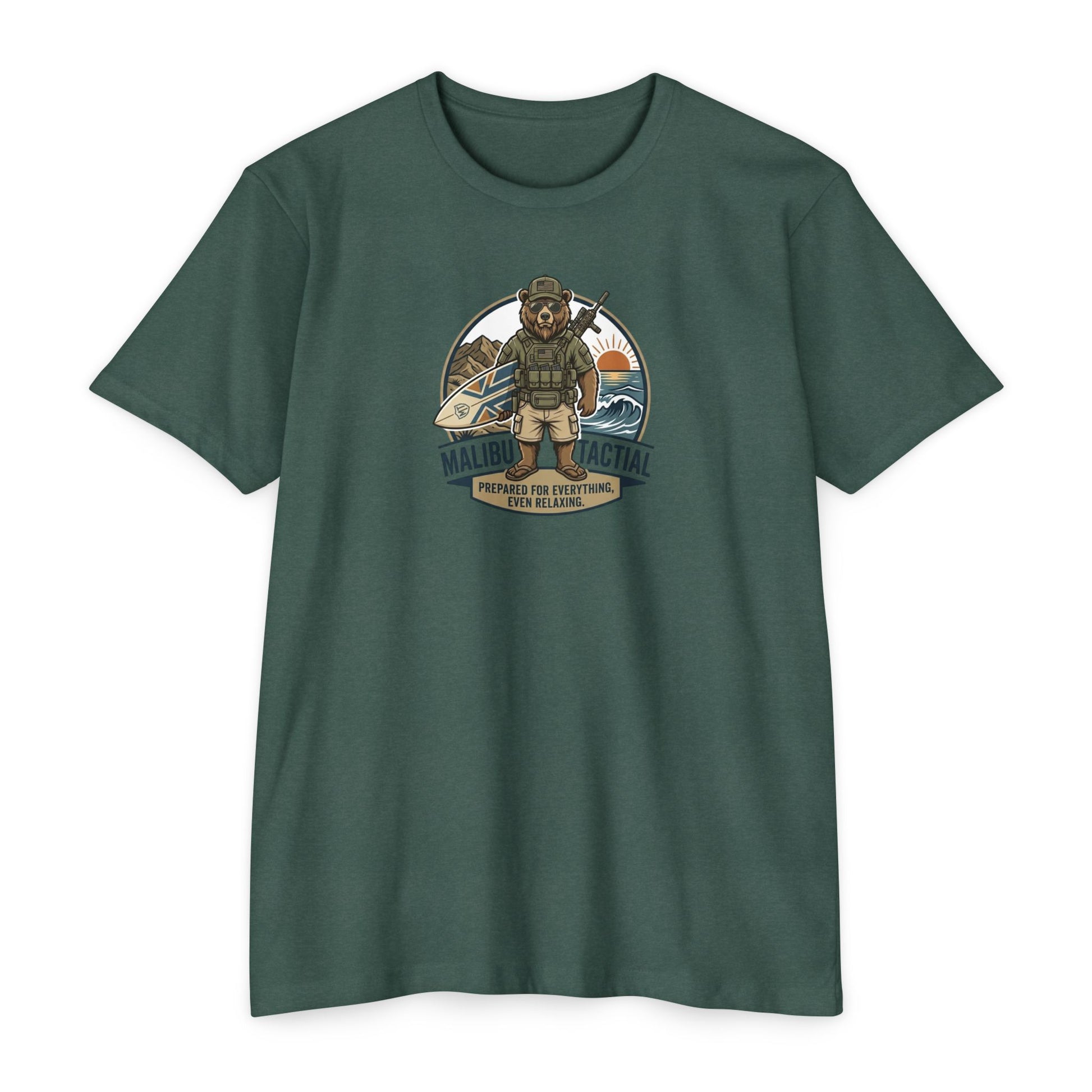 Prepared For Everything surfing bear T-shirt in Heather Forest Green — Malibu Tactical