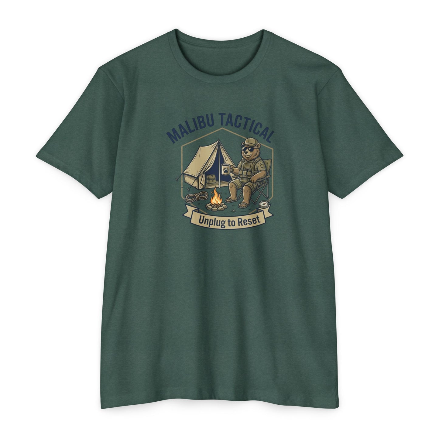 Unplug To Reset camping bear T-shirt in Heather Forest Green — Malibu Tactical