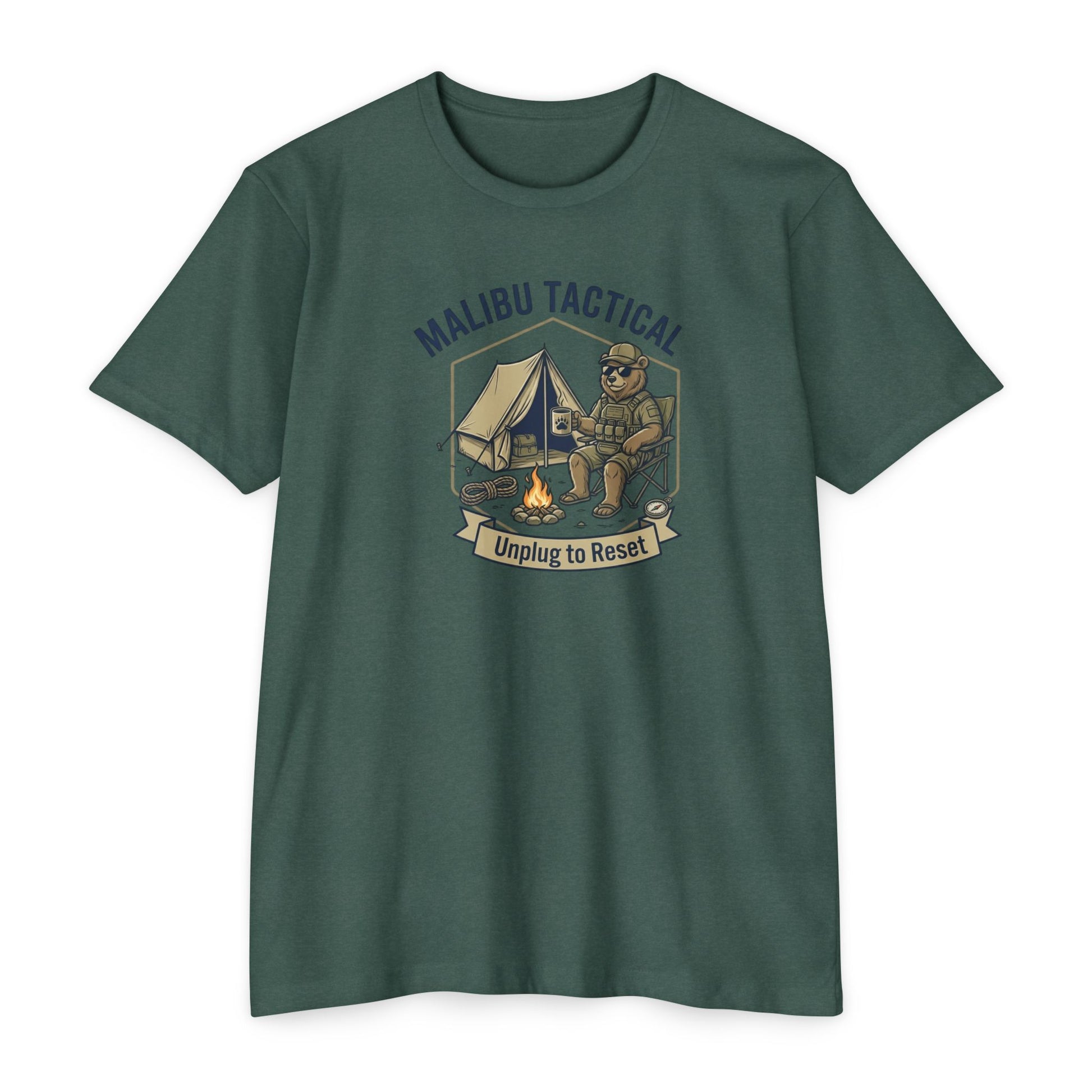 Unplug To Reset camping bear T-shirt in Heather Forest Green — Malibu Tactical