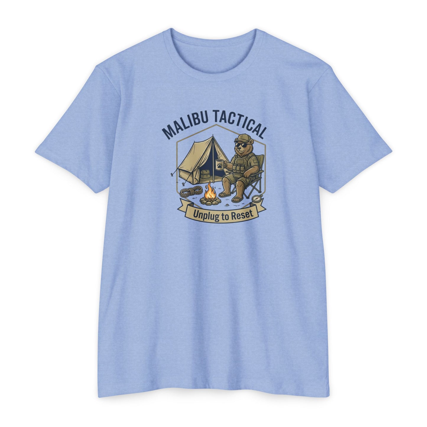 Unplug To Reset camping bear T-shirt in Heather Columbia Blue — Malibu Tactical