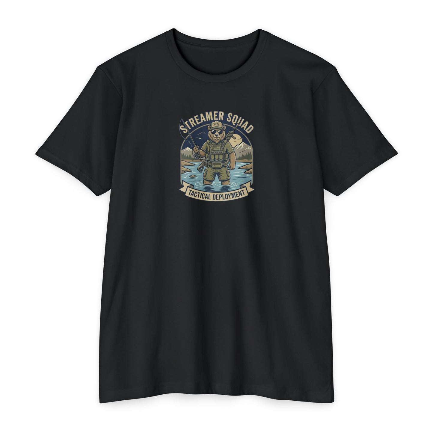 Streamer Squad fly fishing bear T-shirt in CVC Black — Malibu Tactical