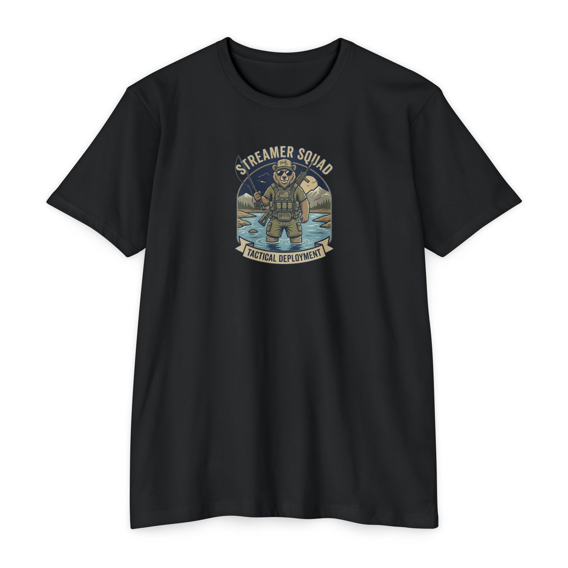 Streamer Squad fly fishing bear T-shirt in CVC Black — Malibu Tactical